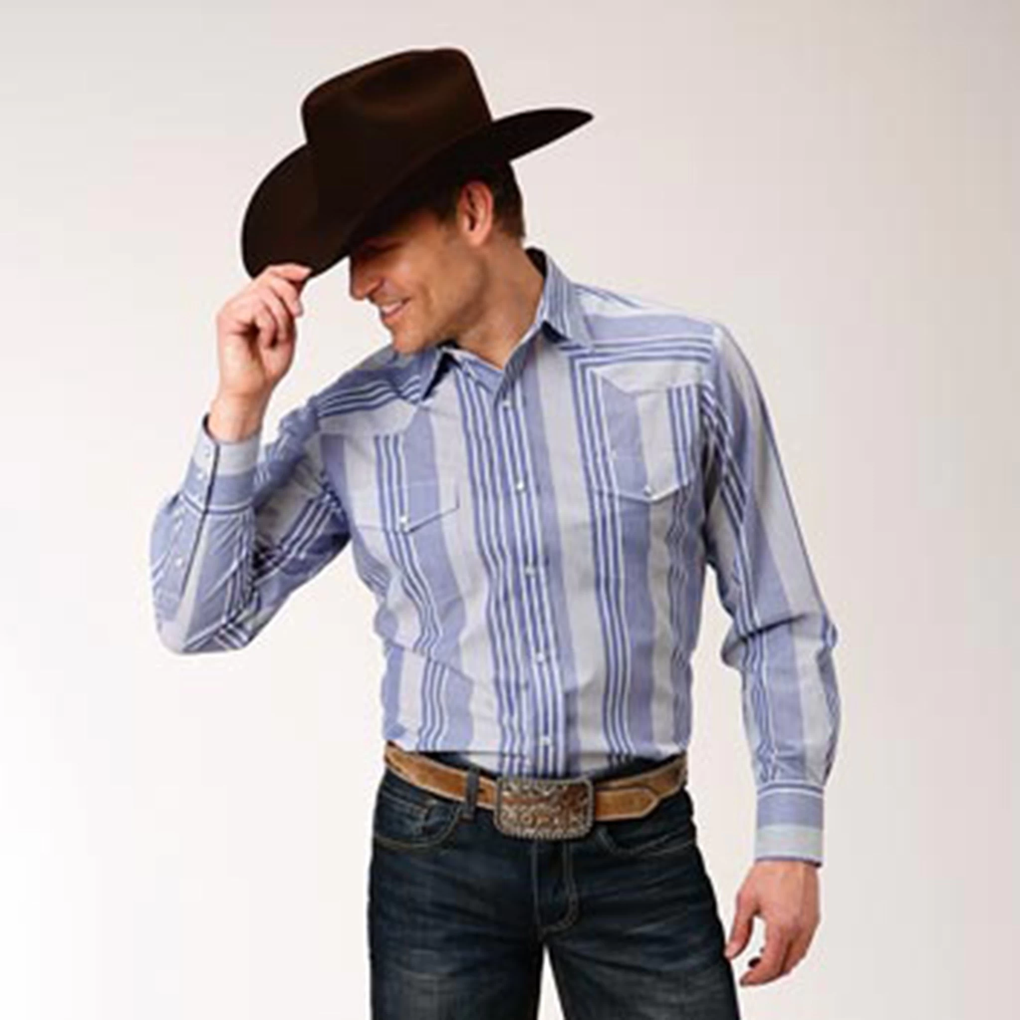 Roper Men's Blue & White Striped Long Sleeve Shirts 3 Roper Men's Blue & White Striped Long Sleeve Shirts