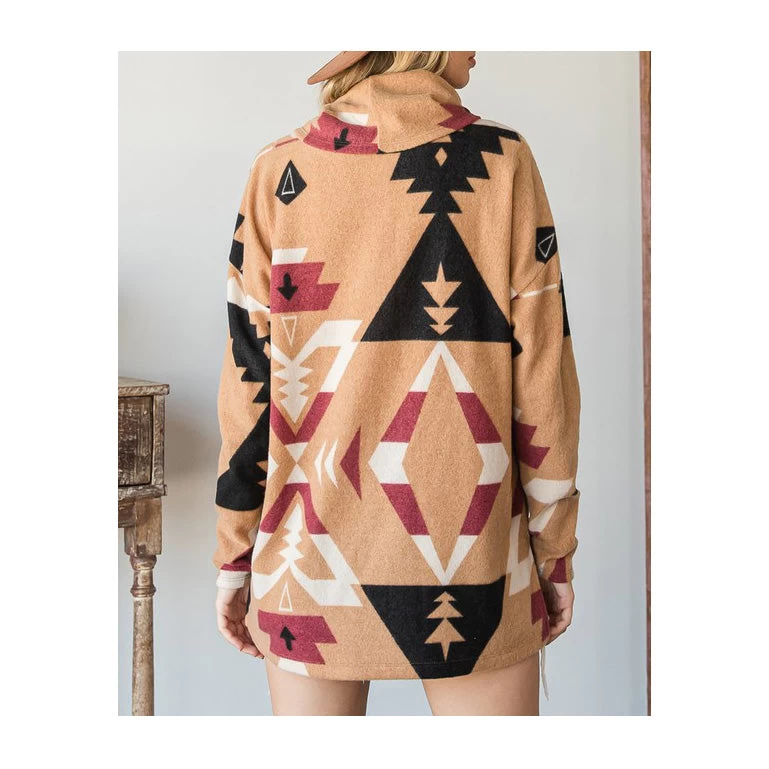 Mocha Aztec Brushed Cowl Neck Shirt 4 Mocha Aztec Brushed Cowl Neck Shirt - Image 2