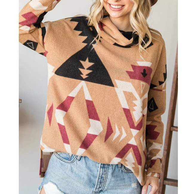 Mocha Aztec Brushed Cowl Neck Shirt 3 Mocha Aztec Brushed Cowl Neck Shirt