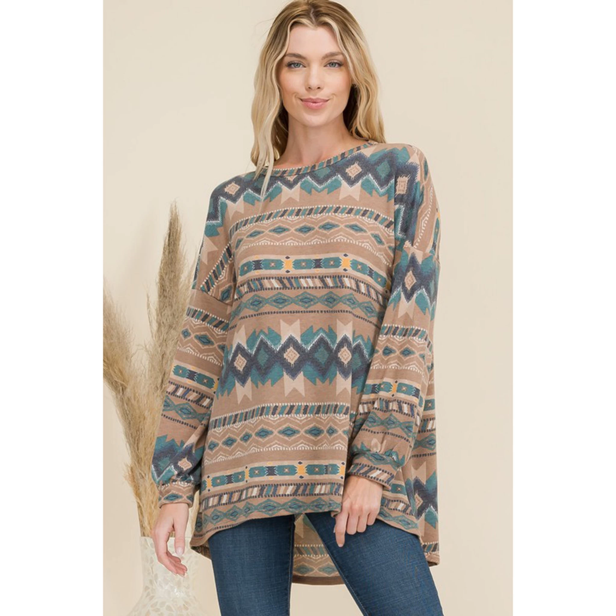 Mocha Aztec Print High-Low Top 3 Mocha Aztec Print High-Low Top