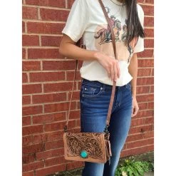 American Darling Tooled Leather W/ Turquoise Crossbody -Western Cowboy Equipment Store 20211027 142109