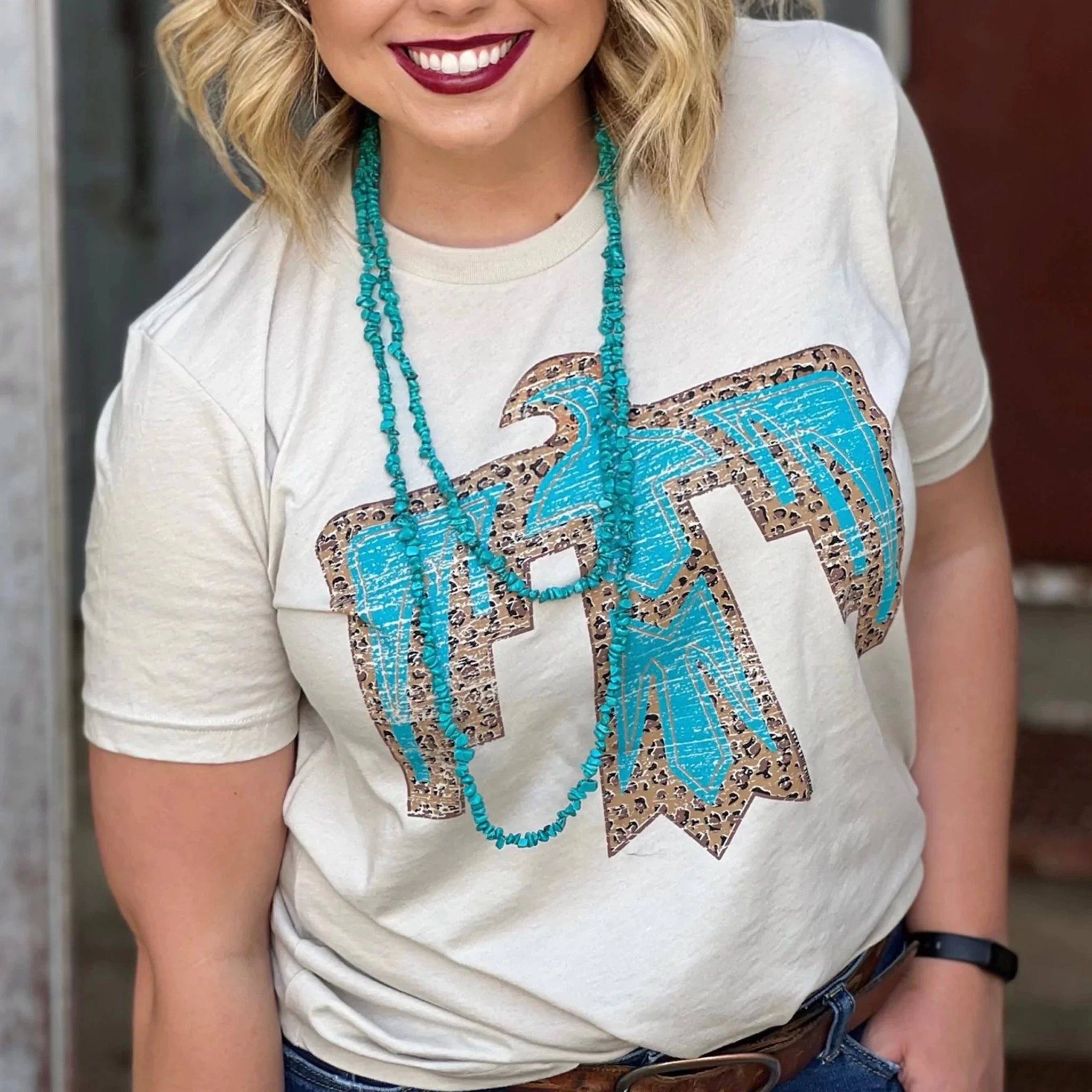 Texas True Ladies Cassie Thunderbird Tee-Leopard/Cream/Turquoise 3 Texas True Ladies Cassie Thunderbird Tee-Leopard/Cream/Turquoise