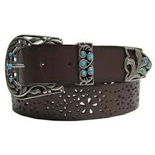 Women's Brown And Turquoise With Cutout Flower Design Belt