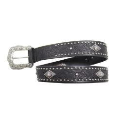 Women's Black Tooling With Sliver Diamond Stud Belt