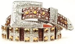 Women's Brown Crocodile Print Belt With Square Rhinestones