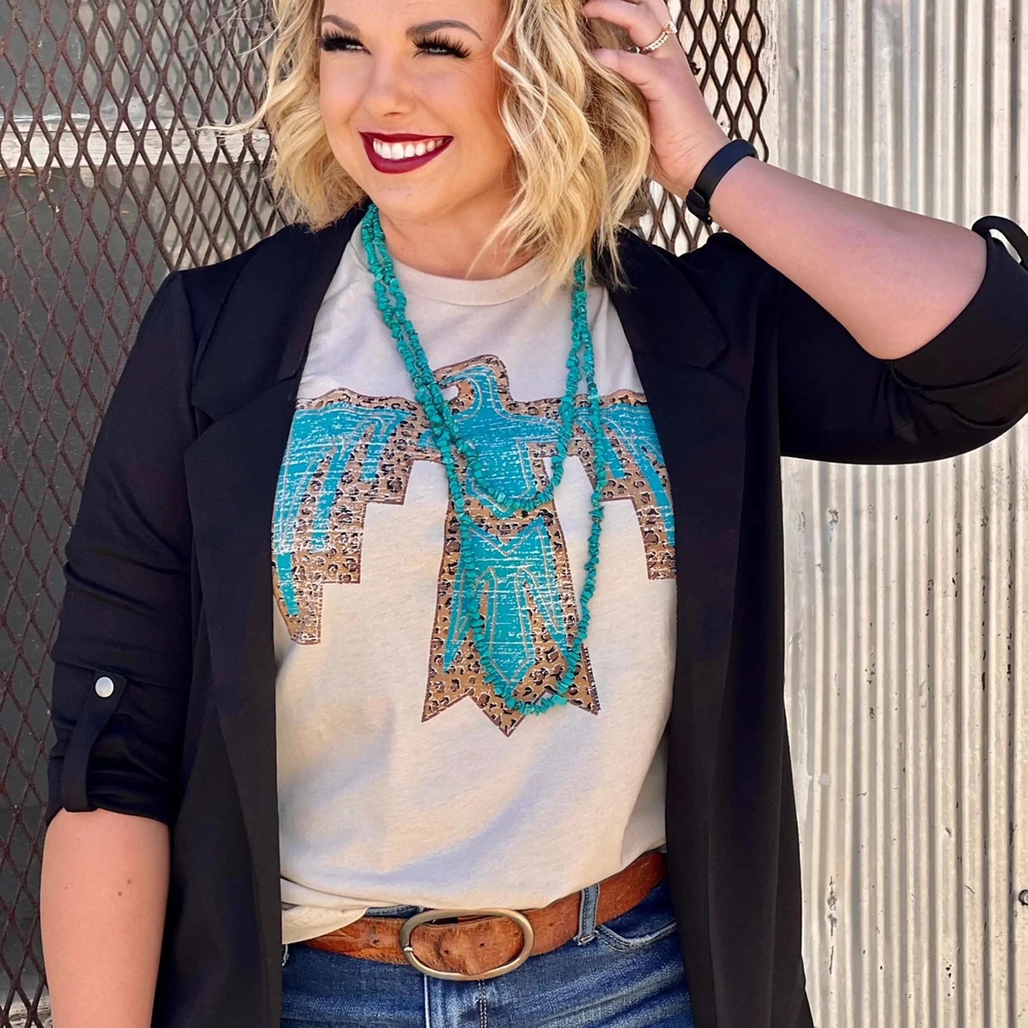 Texas True Ladies Cassie Thunderbird Tee-Leopard/Cream/Turquoise 4 Texas True Ladies Cassie Thunderbird Tee-Leopard/Cream/Turquoise - Image 2