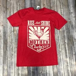 Red Crew Neck Tee With Cream Motif Rise & Shine