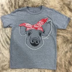 Rebel Rose Youth Grey Graphic Tee - Pig Head With Red Bandana