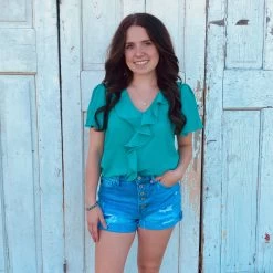 Kelly Green Ruffled Short Sleeve