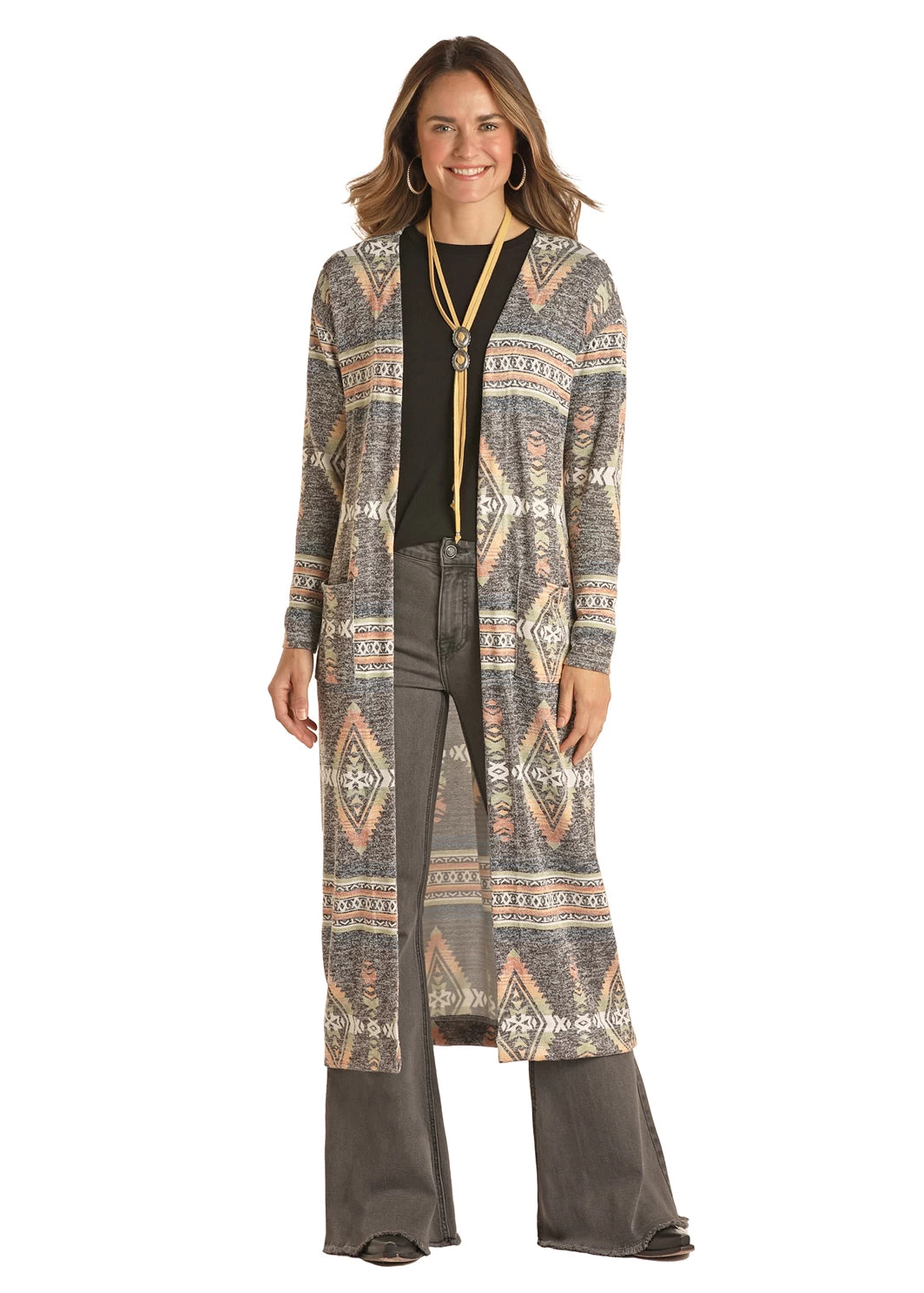 Panhandle Slim Ladies Long Sleeve Duster Brown/Orange/Green 3 Panhandle Slim Ladies Long Sleeve Duster Brown/Orange/Green