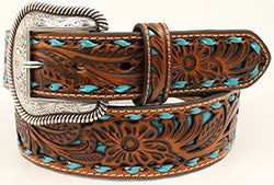 Nocona Men's Floral Pierced Turquoise Underlay Belt 3 Nocona Men's Floral Pierced Turquoise Underlay Belt