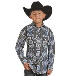 Rock & Roll Boys Aztec Print Stretch Snap Shirt-Grey/Blue/White