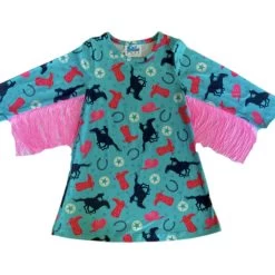 Shea Baby Turquoise Running Horse Long Sleeve Fringe Dress -Western Cowboy Equipment Store SDRF04a