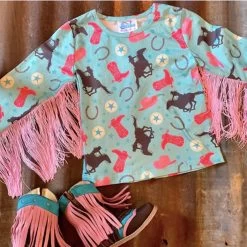 Shea Baby Turquoise Cowgirl Fringe Long Sleeve Shirt -Western Cowboy Equipment Store ST04a