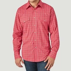 Men's Wrangler Red & White Plaid Long Sleeve Western Shirt