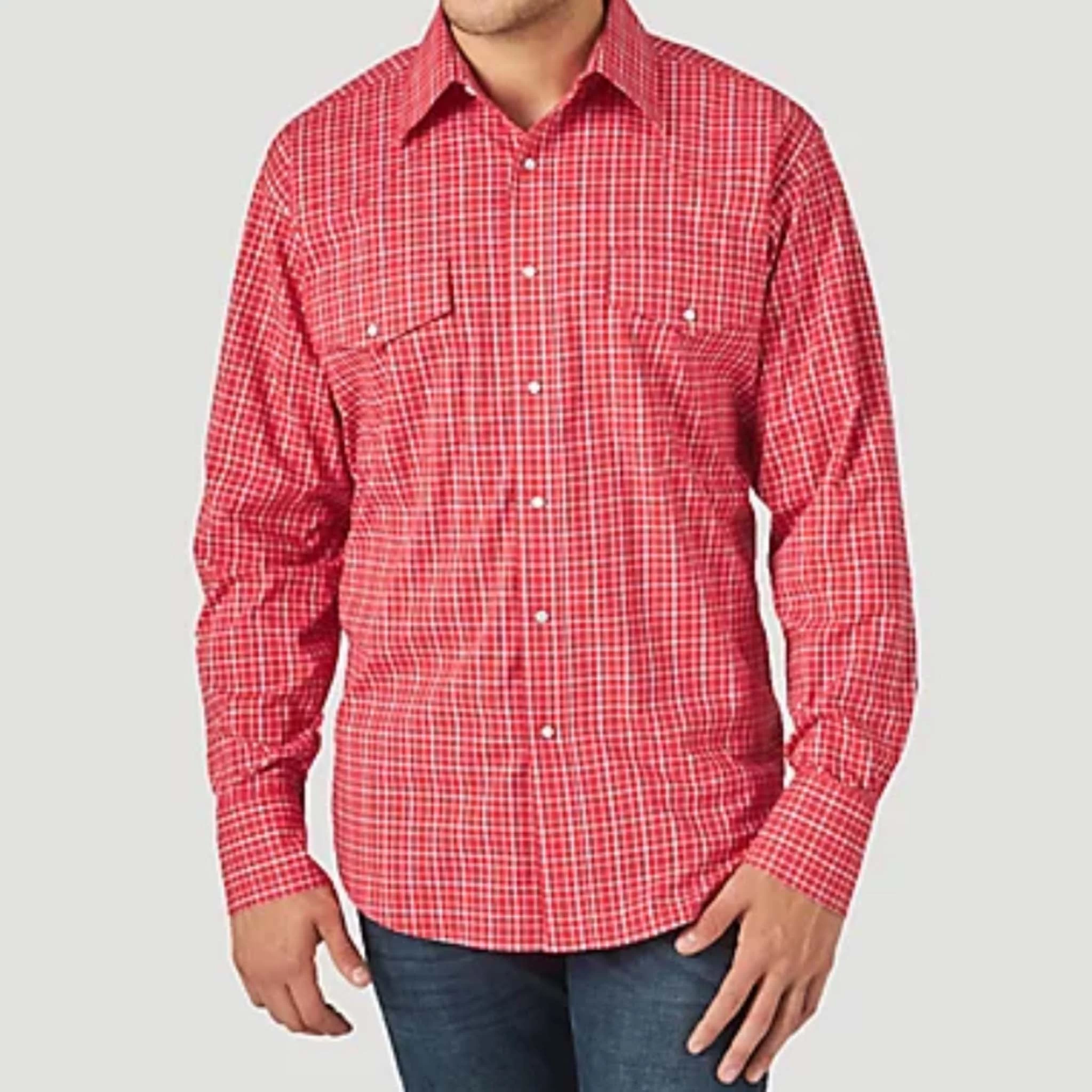 Men's Wrangler Red & White Plaid Long Sleeve Western Shirt 3 Men's Wrangler Red & White Plaid Long Sleeve Western Shirt