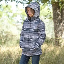 Girl's Grey Aztec Print Hooded Coat -Western Cowboy Equipment Store cwj8680001 2 613 detail